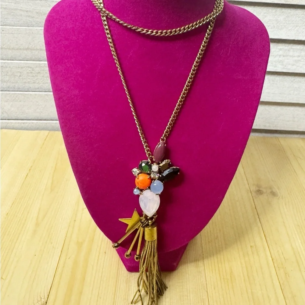 J.Crew Multicolor Gemstone Tassel Necklace Gold Tone Statement Boho Chic OS